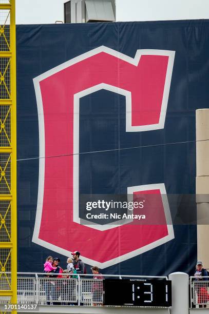 The Cleveland Guardians C logo is pictured during the game between the Cleveland Guardians and Baltimore Orioles at Progressive Field on September...