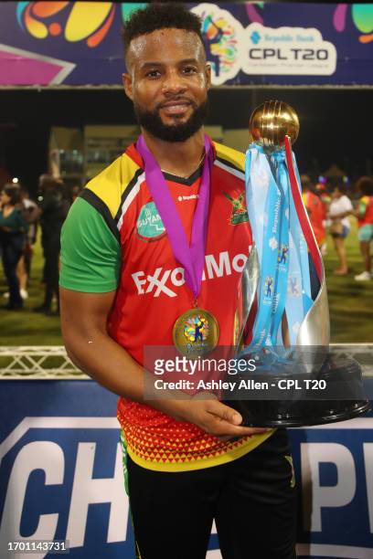 The Republic Bank Player of the Tournament, Shai Hope of Guyana Amazon Warriors, pose for a photo with the Republic Bank Caribbean Premier League...