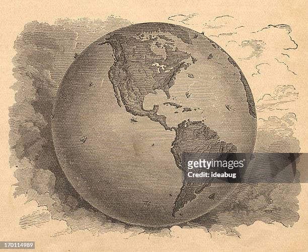 alte schwarze und weiße karte der westlichen hemisphäre, aus dem 19. jahrhundert - pazifik stock-grafiken, -clipart, -cartoons und -symbole