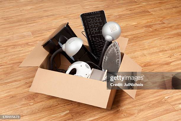 household equipment or appliances in a cardboard box - clear donation box stock pictures, royalty-free photos & images