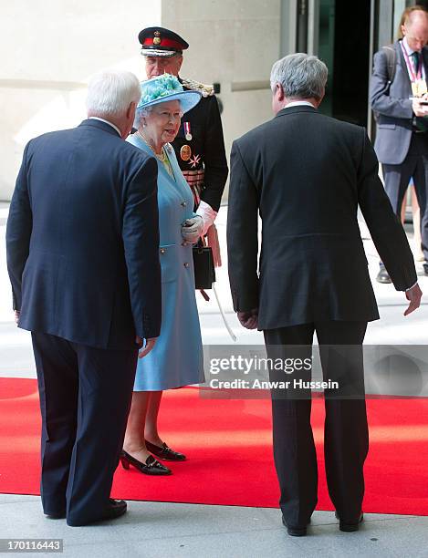 Queen Elizabeth ll meets Chris Patten and Tony Hall as she opens the new BBC Broadcasting House on June 7, 2013 in London, England