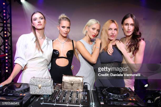Zita d'Hauteville, Poppy Delevigne, Princess Maria-Olympia of Greece, a guest and Anna Cleveland attend the Bulgari Serpenti Icon Event as part of...