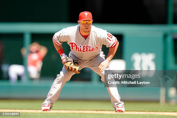 Laynce Nix of the Philadelphia Phillies in position during a baseball game against the Washington Nationals on May 26, 2013 at Nationals Park in...