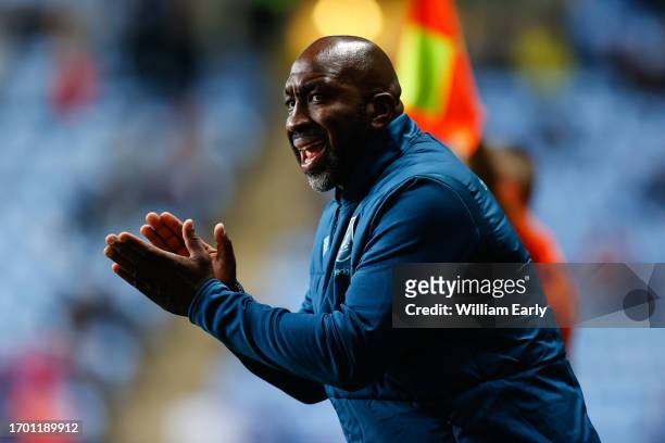Manager Darren Moore of Huddersfield Town claps during the Sky Bet Championship match between Coventry City and Huddersfield Town at The Coventry...