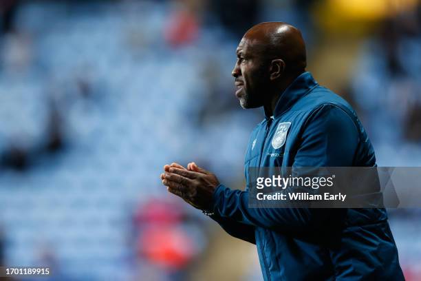 Manager Darren Moore of Huddersfield Town claps during the Sky Bet Championship match between Coventry City and Huddersfield Town at The Coventry...