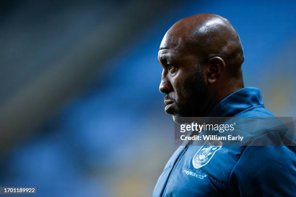 Manager Darren Moore of Huddersfield Town looks on during the Sky Bet Championship match between Coventry City and Huddersfield Town at The Coventry...
