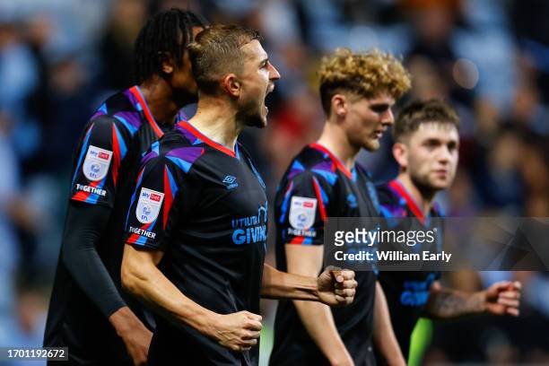Michal Helik of Huddersfield Town celebrates after scoring a goal to make it 1-1 during the Sky Bet Championship match between Coventry City and...