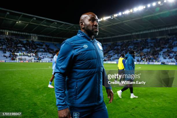 Manager Darren Moore of Huddersfield Town looks on at full time during the Sky Bet Championship match between Coventry City and Huddersfield Town at...