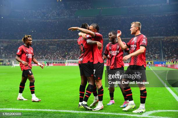 Noah Okafor of AC Milan celebrates after scoring his team's second goal with team mates during the Serie A TIM match between AC Milan and SS Lazio at...