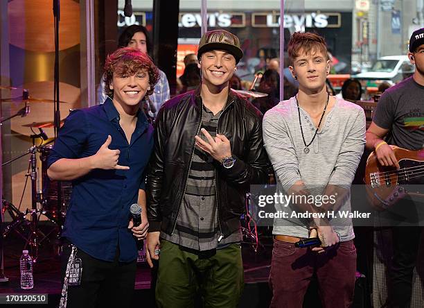 Recording artists Keaton Stromberg, Wesley Stromberg, and Drew Chadwick of Emblem3 perform on ABC's 'Good Morning America' at the ABC Studios in...