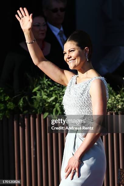 Crown Princess Victoria of Sweden arrives at a private dinner on the eve of the wedding of Princess Madeleine and Christopher O'Neill hosted by King...