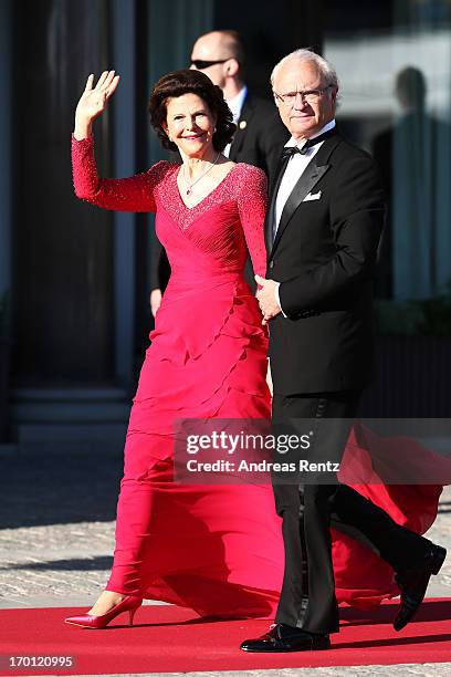 Queen Silvia of Sweden and King Carl XVI Gustaf of Sweden arrive at a private dinner on the eve of the wedding of Princess Madeleine and Christopher...
