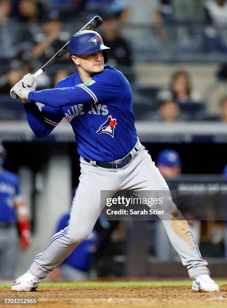 Matt Chapman of the Toronto Blue Jays at bat during the game against the New York Yankees at Yankee Stadium on September 21, 2023 in the Bronx...