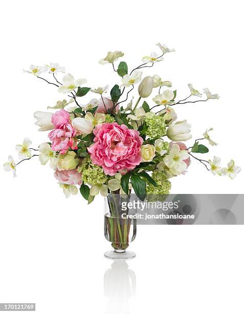 springtime dogwood and peony bouquet on white background - flower arrangement stock pictures, royalty-free photos & images