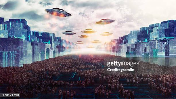alien ufo attack on the future city of earth - invader stock pictures, royalty-free photos & images