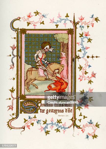ilustraciones, imágenes clip art, dibujos animados e iconos de stock de jorge y el dragón - circa 14th century