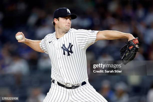 Gerrit Cole of the New York Yankees pitches during the first inning of the game against the Toronto Blue Jays at Yankee Stadium on September 21, 2023...