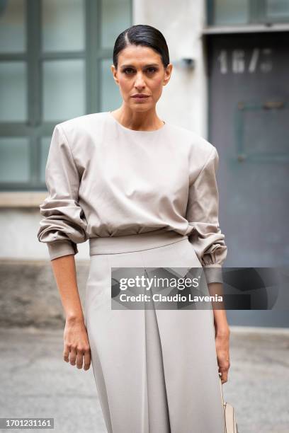 Giulia Bevilacqua is seen outside the Tod's show during Milan Fashion Week Womenswear Spring/Summer 2024 on September 22, 2023 in Milan, Italy.