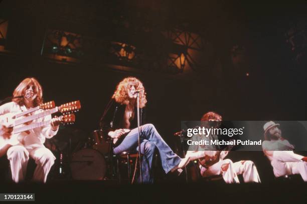 English rock group Led Zeppelin performing on stage at Madison Square Garden, New York, June 1977. Left to right: John Paul Jones , Robert Plant,...