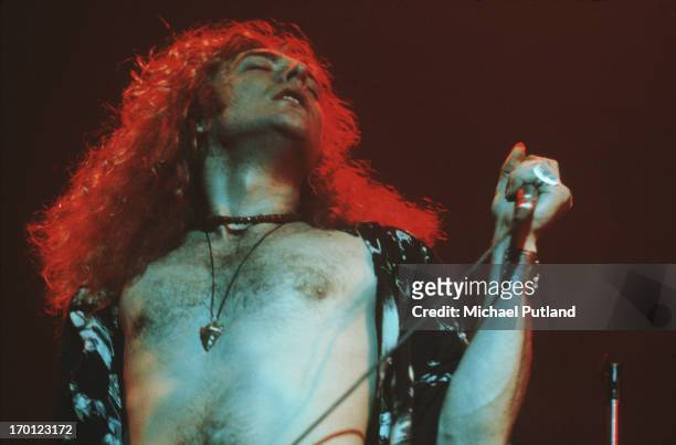 Singer Robert Plant, of British rock band Led Zeppelin, performing on stage, 1971.
