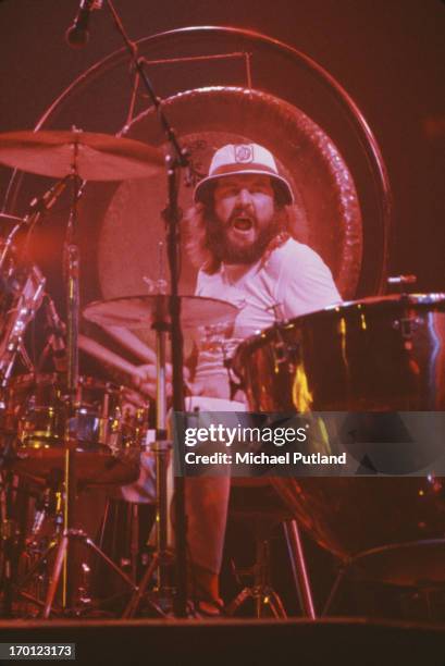 English drummer John Bonham performing with rock group Led Zeppelin at Madison Square Garden, New York City, June 1977.