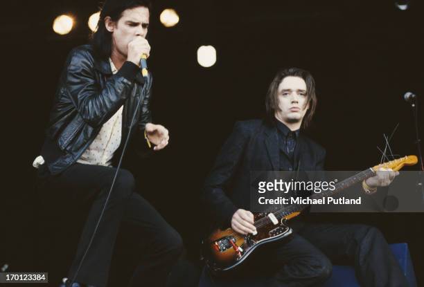 Australian singer-songwriter Nick Cave and German guitarist Blixa Bargeld performing with Nick Cave and the Bad Seeds on the Other Stage at the...