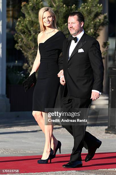 Vicky Andren and Gustaf Magnuson arrive at a private dinner on the eve of the wedding of Princess Madeleine and Christopher O'Neill hosted by King...