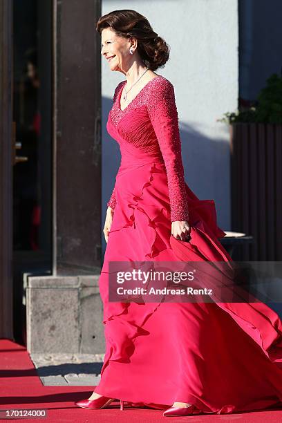 Queen Silvia of Sweden arrives at a private dinner on the eve of the wedding of Princess Madeleine and Christopher O'Neill hosted by King Carl Gustaf...