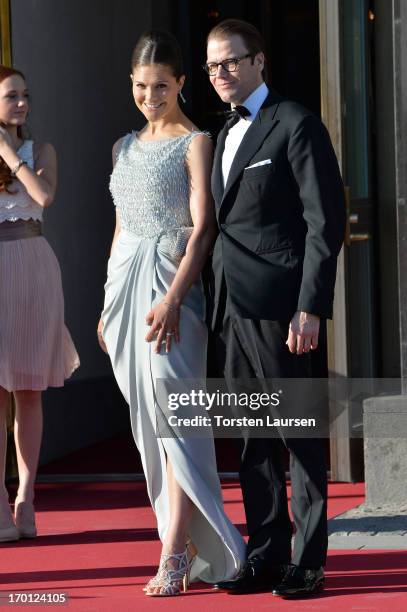 Crown Princess Victoria of Sweden and Prince Daniel of Sweden arrive at a private dinner on the eve of the wedding of Princess Madeleine and...