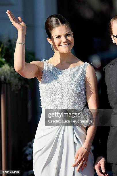 Crown Princess Victoria of Sweden attends a private dinner on the eve of the wedding of Princess Madeleine and Christopher O'Neill hosted by King...
