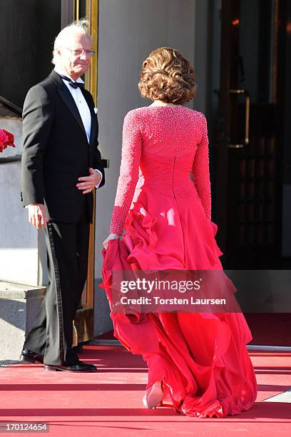 King Carl XVI Gustaf of Sweden and Queen Silvia of Sweden arrive at a private dinner on the eve of the wedding of Princess Madeleine and Christopher...