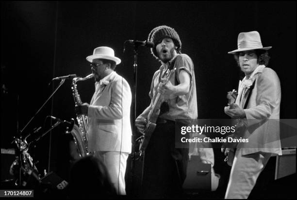 Bruce Springsteen and the E-Street band perform on stage at their first UK concert, Hammersmith Odeon, London, 18th November 1975. Left to right:...