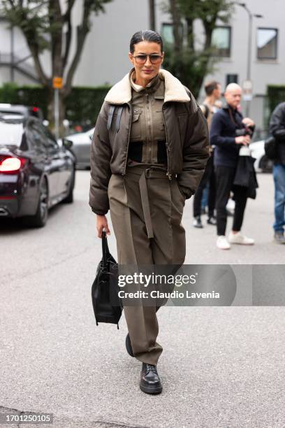 Rym Saidi is seen outside the Tod's show during Milan Fashion Week Womenswear Spring/Summer 2024 on September 22, 2023 in Milan, Italy.