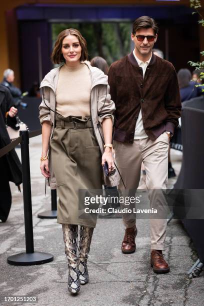 Olivia Palermo and Johannes Huebl are seen outside the Tod's show during Milan Fashion Week Womenswear Spring/Summer 2024 on September 22, 2023 in...