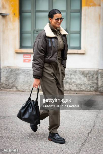 Rym Saidi is seen outside the Tod's show during Milan Fashion Week Womenswear Spring/Summer 2024 on September 22, 2023 in Milan, Italy.