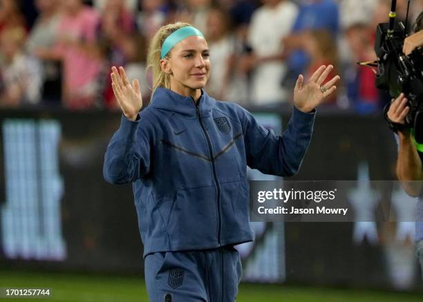 Julie Ertz of the United States waves to fans after the international friendly match against the South Africa at TQL Stadium on September 21, 2023 in...