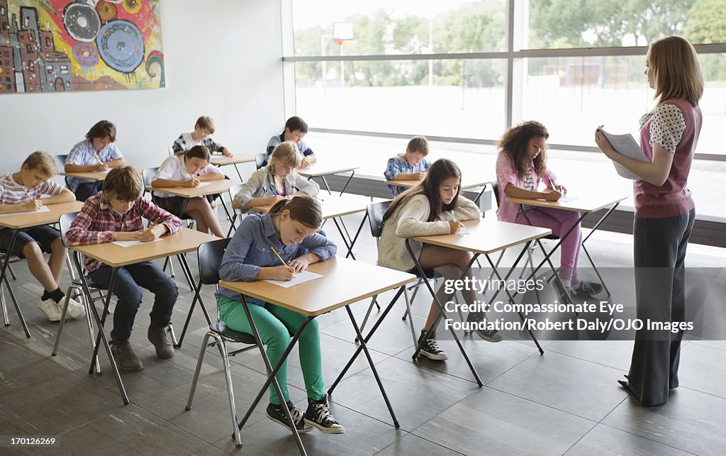 Students taking a test in classroom