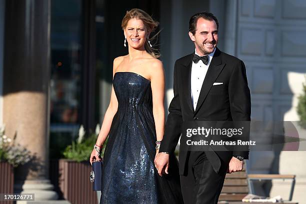 Princess Tatiana of Greece and Prince Nikolaos of Greece arrive at a private dinner on the eve of the wedding of Princess Madeleine and Christopher...