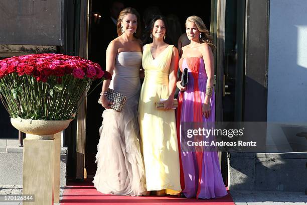Louise Gottlieb and Sofia Hellqvist arrive at a private dinner on the eve of the wedding of Princess Madeleine and Christopher O'Neill hosted by King...