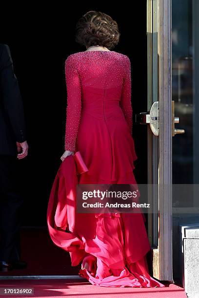 Queen Silvia of Sweden arrives at a private dinner on the eve of the wedding of Princess Madeleine and Christopher O'Neill hosted by King Carl XVI...