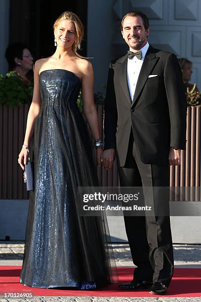 Princess Tatiana of Greece and Prince Nikolaos of Greece arrive at a private dinner on the eve of the wedding of Princess Madeleine and Christopher...