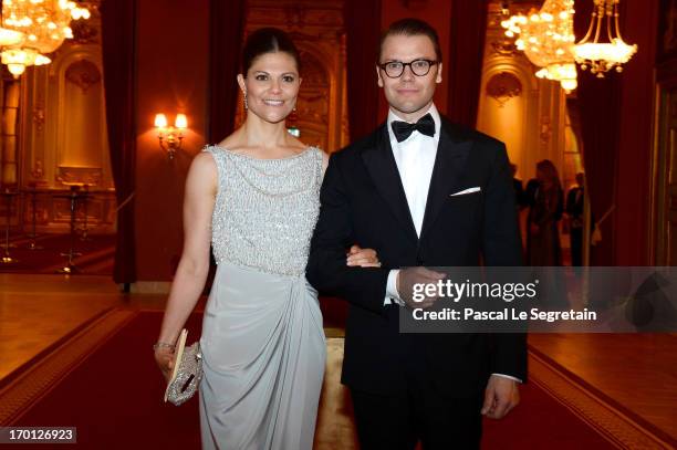 Crown Princess Victoria of Sweden and Prince Daniel of Sweden attend a private dinner on the eve of the wedding of Princess Madeleine and Christopher...