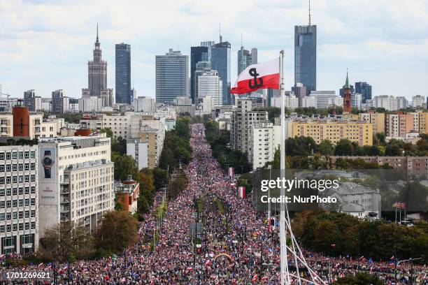 Thousands attend 'Million Hearts March' organized by Civic Coalition in Warsaw, Poland on October 1st, 2023. The largest demonstration in recent...