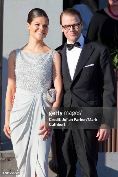 Prince Daniel and Princess Victoria of Sweden attend a private dinner on the eve of the wedding of Princess Madeleine and Christopher O'Neill hosted...