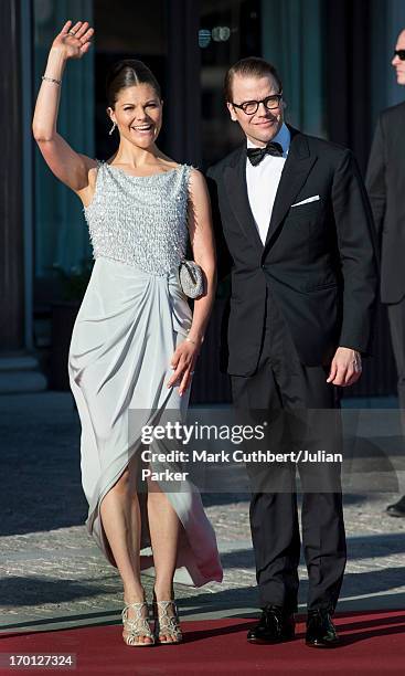 Prince Daniel and Princess Victoria of Sweden attend a private dinner on the eve of the wedding of Princess Madeleine and Christopher O'Neill hosted...