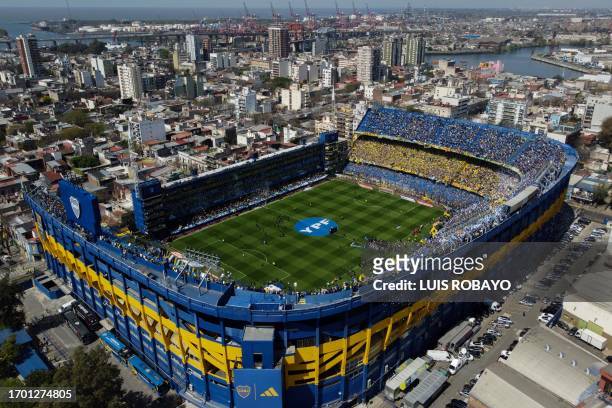 Aerial view of La Bombonera stadium before the beginning of the Argentine Professional Football League Tournament 2023 Superclasico match between...