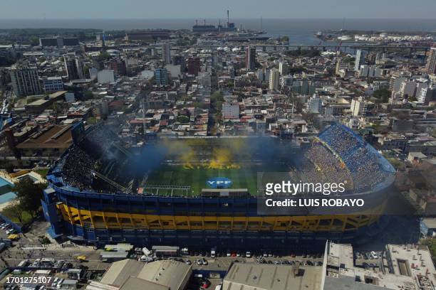 Aerial view of La Bombonera stadium before the beginning of the Argentine Professional Football League Tournament 2023 Superclasico match between...