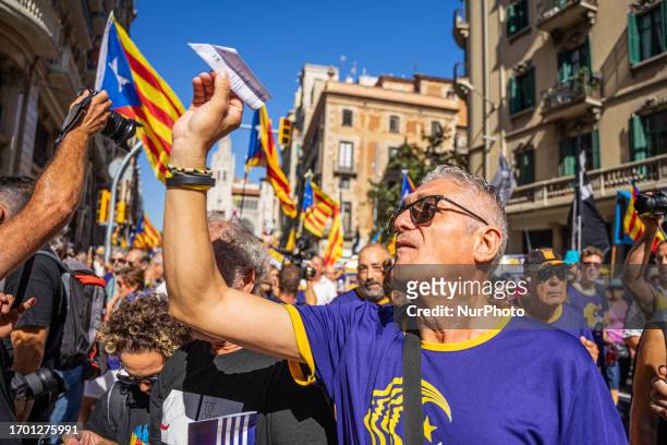 Hundreds of pro-independence activists demonstrate called by the ANC in Barcelona, Spain, on October 1, 2023. The demonstration takes place on the...