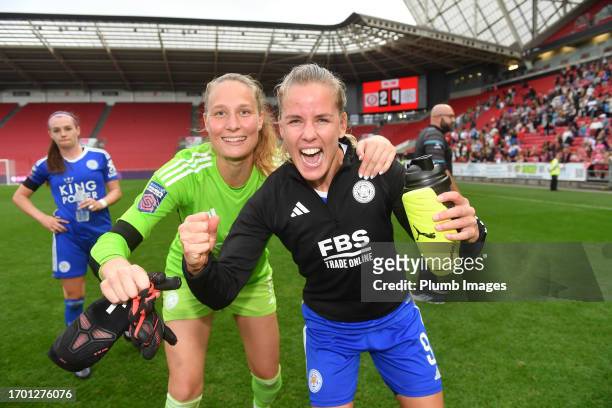 Janina Leitzig of Leicester City Women withLena Petermann of Leicester City Women at the end of the Barclays Women´s Super League match between...