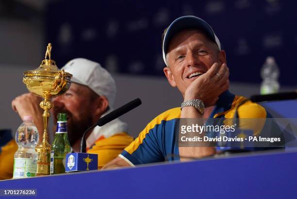 Team Europe Captain Luke Donald with the Ryder Cup during a press conference on day three of the 44th Ryder Cup at the Marco Simone Golf and Country...